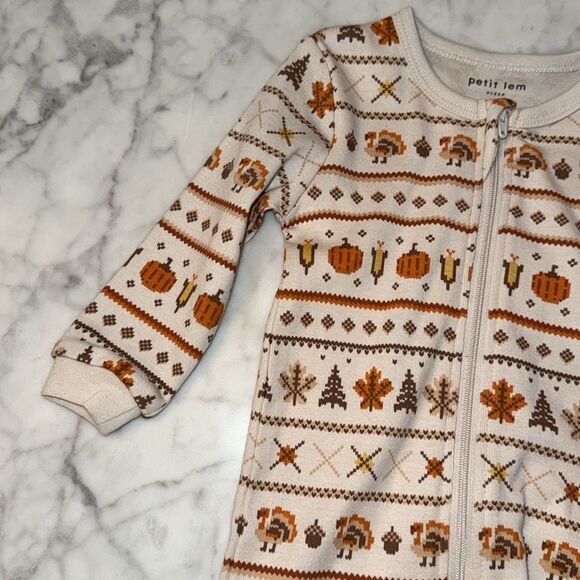 NWT Petit Lem Cream & Orange Fall Thanksgiving Pumpkin Patterned Kids Footie - Picture 3 of 7